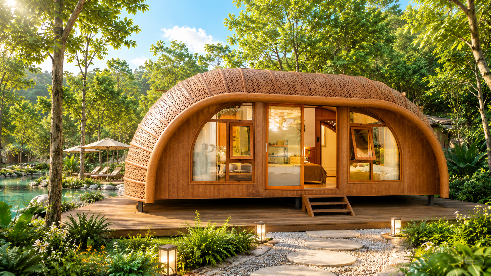 Bamboo cocoon glamping pod