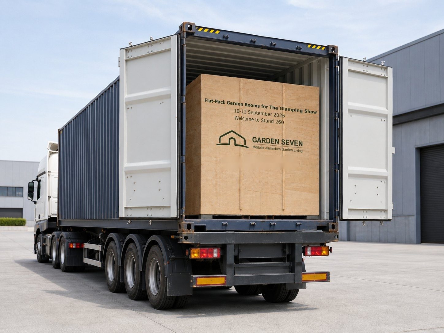 Flat-packed Garden Seven garden room crate loaded into a shipping container bound for the UK