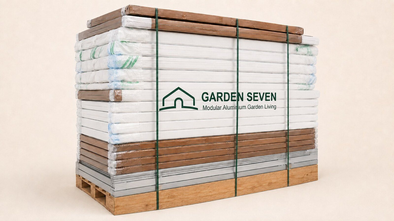 Garden Seven modular garden room components packed flat on a pallet, ready for shipping