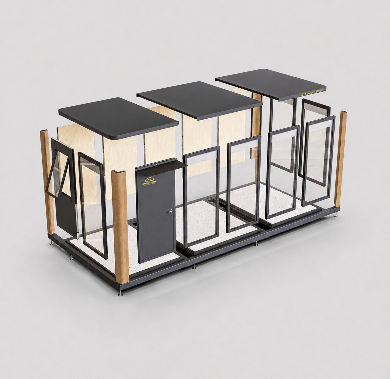Exploded view of the Garden Seven modular garden room showing the prefabricated base, wall, glazing, door and roof components that assemble in sequence